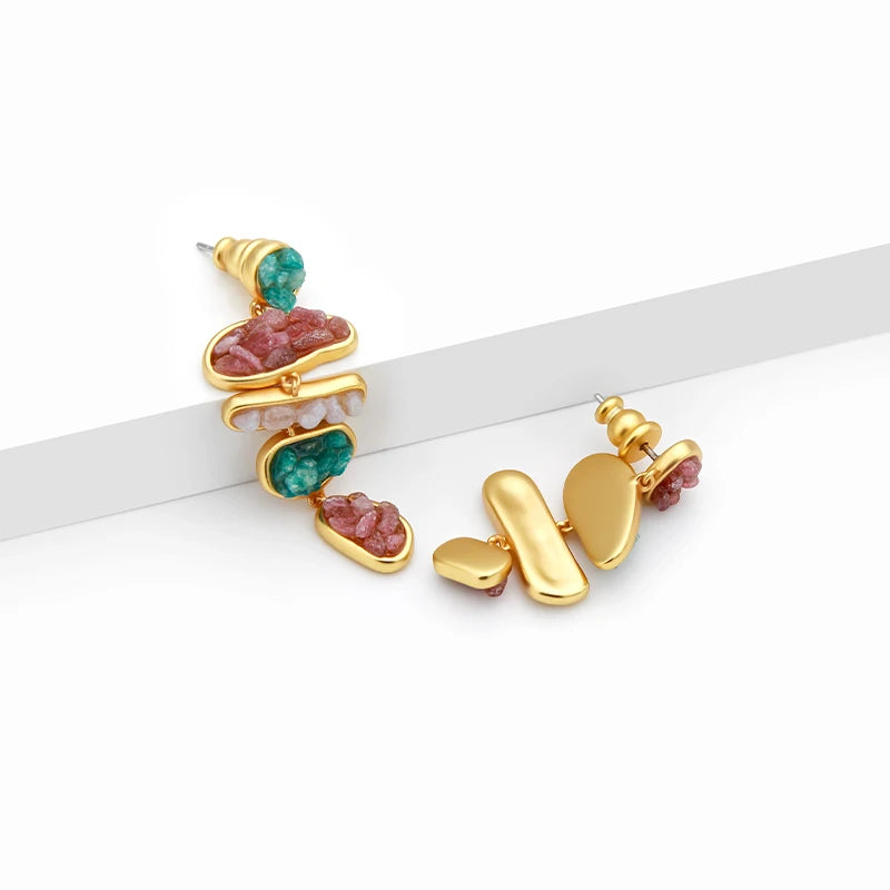 Asymmetric color stone drop earrings with irregular natural semi-precious stones and brass details by IVOG