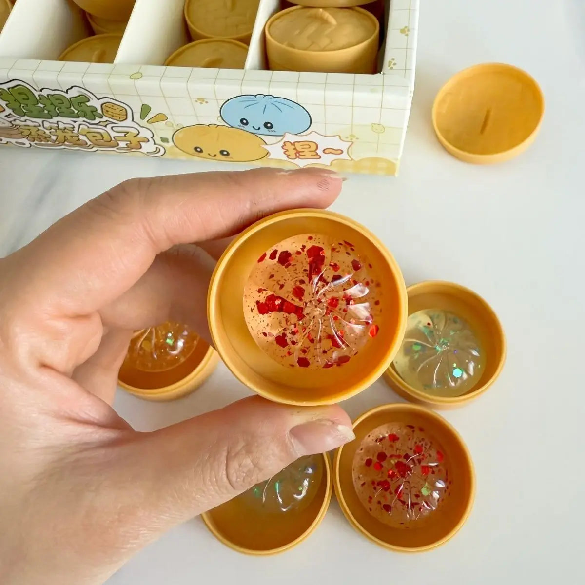 HSF Marketplace crystal mini dumplings and steamed bun squishy set with steamer, soft stress relief sensory fidget toys for calming fun
