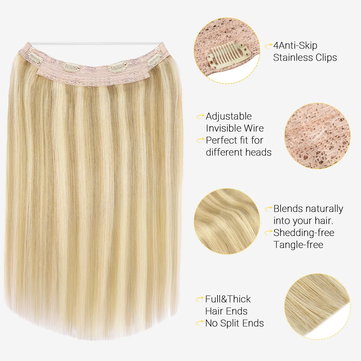 Golden blonde Sunmofavo Halo hair extensions with transparent wire and anti-slip clips for added volume