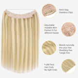 Golden blonde Sunmofavo Halo hair extensions with transparent wire and anti-slip clips for added volume