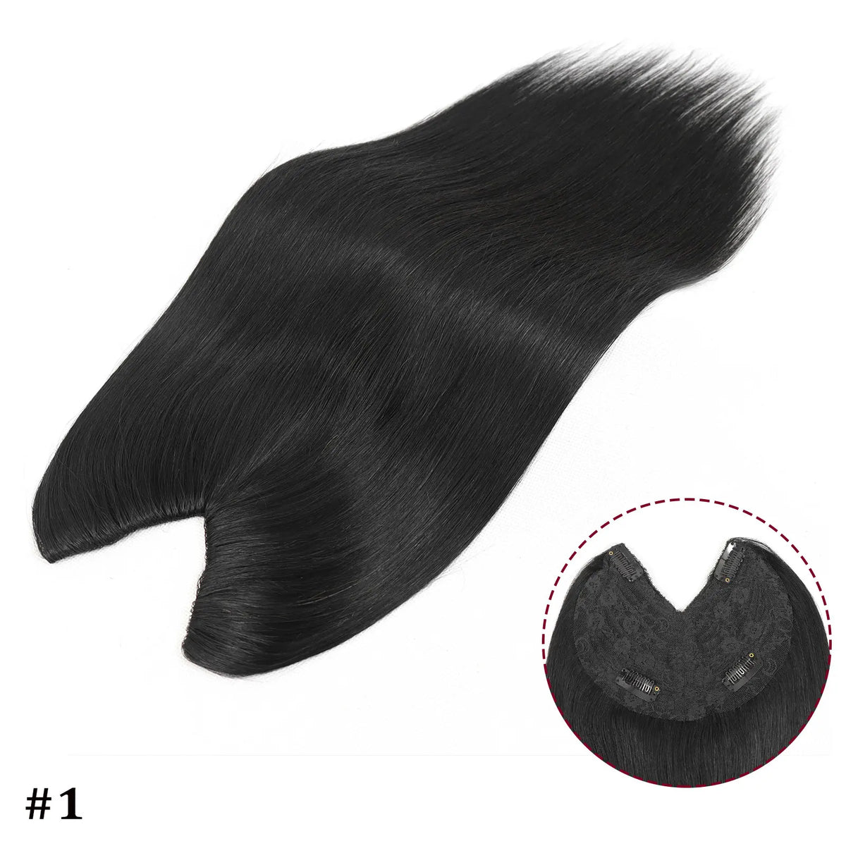 V-shape clip-in human hair extensions with brown-blonde highlights, straight 16-inch Brazilian Remy hair topper