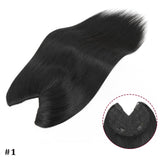 V-shape clip-in human hair extensions with brown-blonde highlights, straight 16-inch Brazilian Remy hair topper