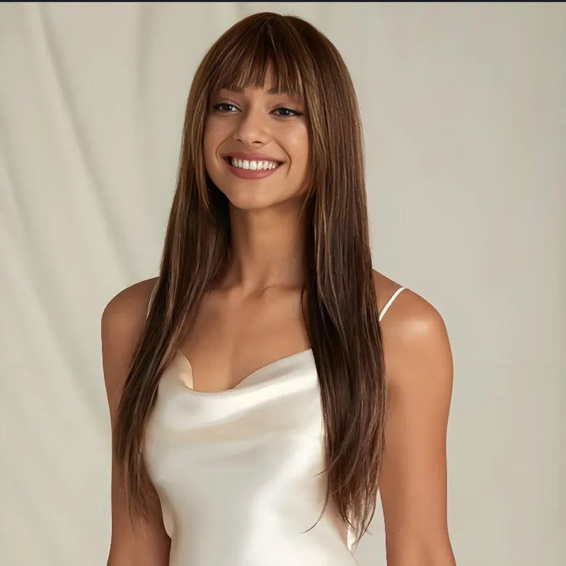 Blonde Rebecca straight human hair wig with bangs, full machine-made, Peruvian Remy hair, styled with P4/30/27 color.