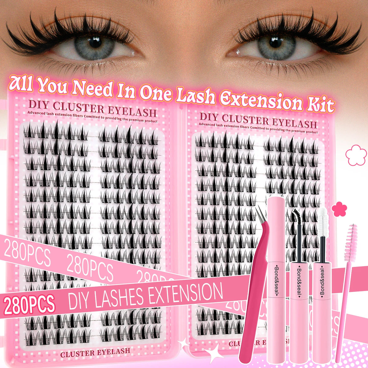 672PCS Mixed DIY Cluster Lash Kit Manga Wispy Individual Lashes Clusters With Bond Seal Tweezers Natural Soft Segmented False