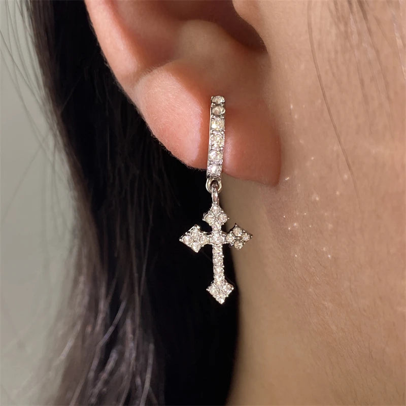 Minimalist zirconia cross dangle earrings for women by HSF Marketplace, featuring sparkling stones and a delicate design