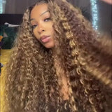 4/27 Colored Highlight Deep Wave Ombre Deep Wave 13X4 HD Lace Frontal Wig Human Hair Wigs Honey Blonde  For Women 250% Density 427 99J Burgundy 13x4 Human Hair Wig DEEP Wave Lace Frontal Wig Glueless Lace Front Human Hair Wig