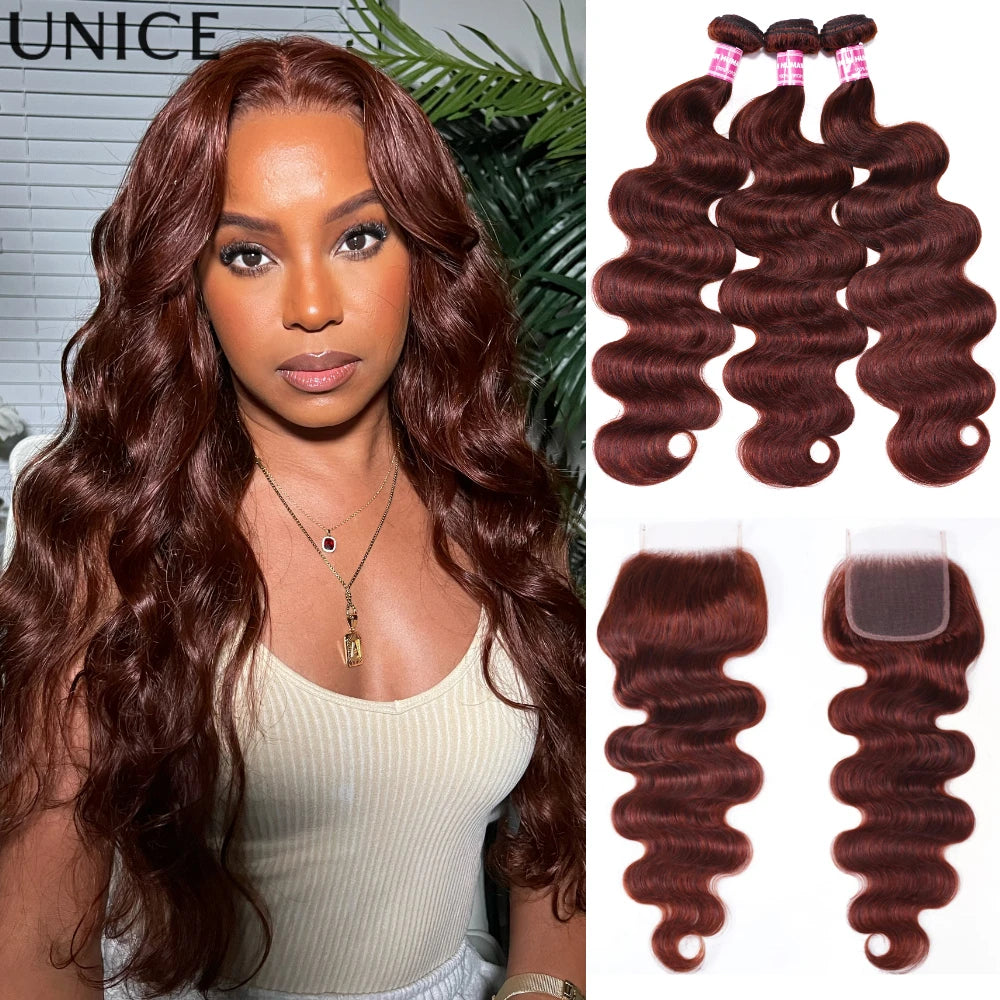 Reddish brown body wave human hair bundles with lace closure by HSF Marketplace