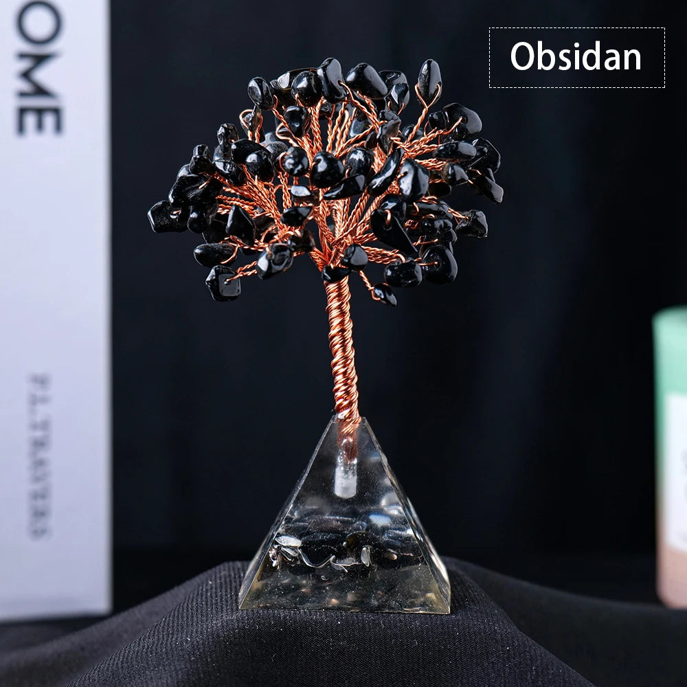 1pc Natural Crystal Tree Ornament Resin Pyramid Base Crystal Crushed Stone Fortune Tree Home Office Decoration Holiday Gift