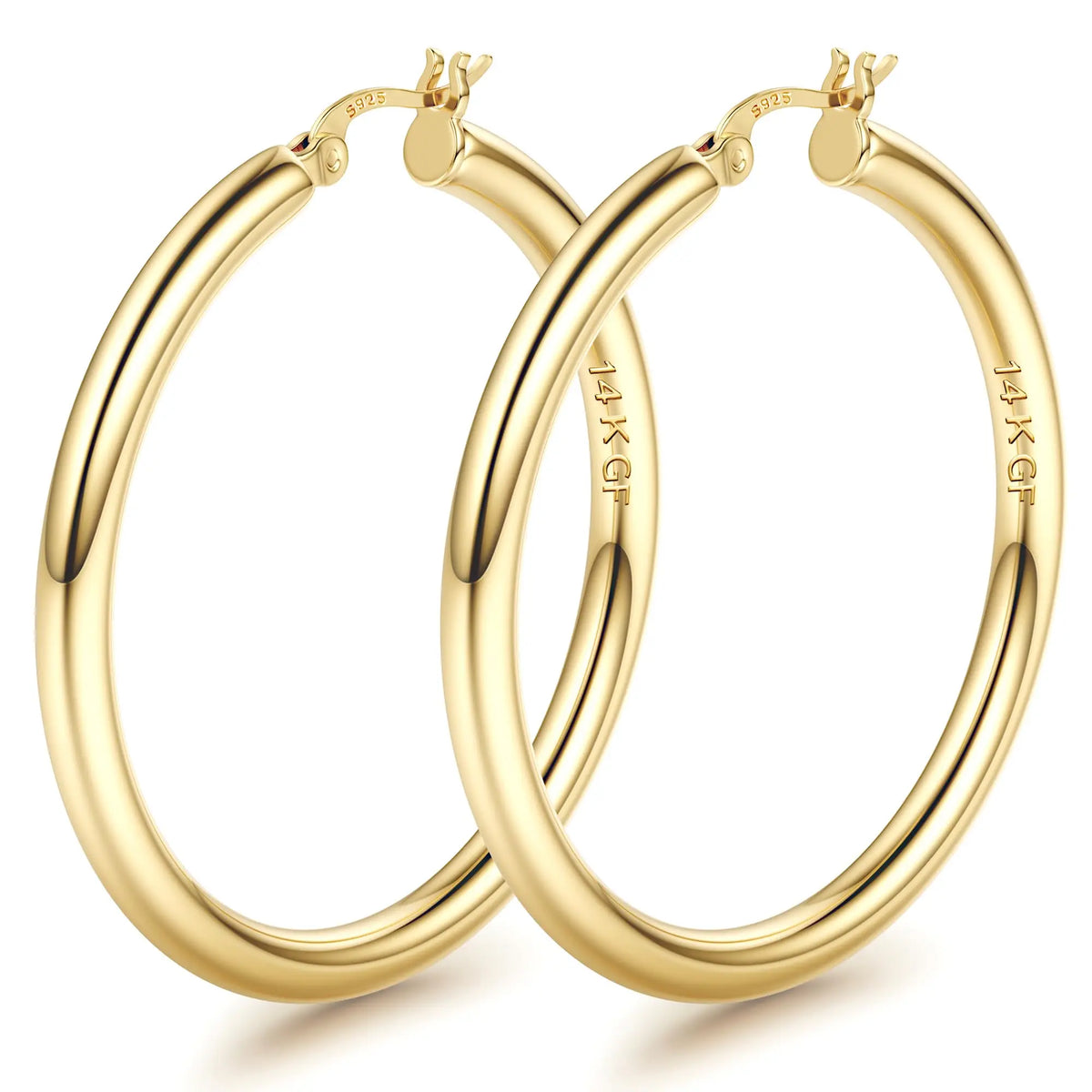 14K chunky gold plated hollow tube hoop earrings with 925 sterling silver posts, 4mm thick and lightweight, 50mm classic size