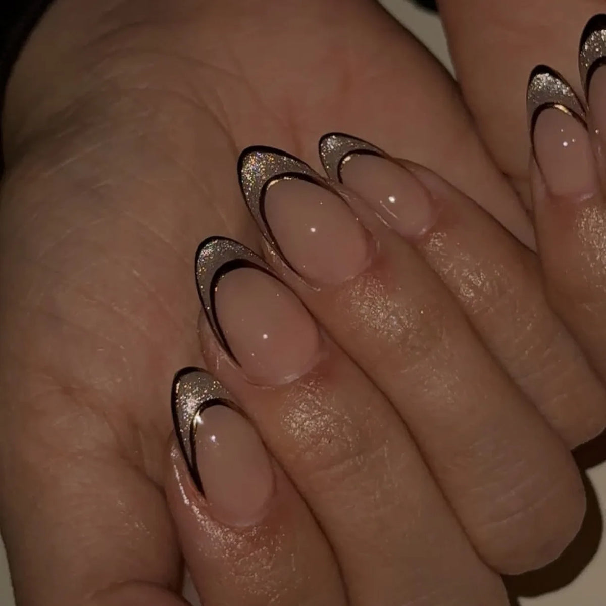 24-piece Y2K almond press-on false nails with blue gradient French tips and gold moon designs by HSF Marketplace