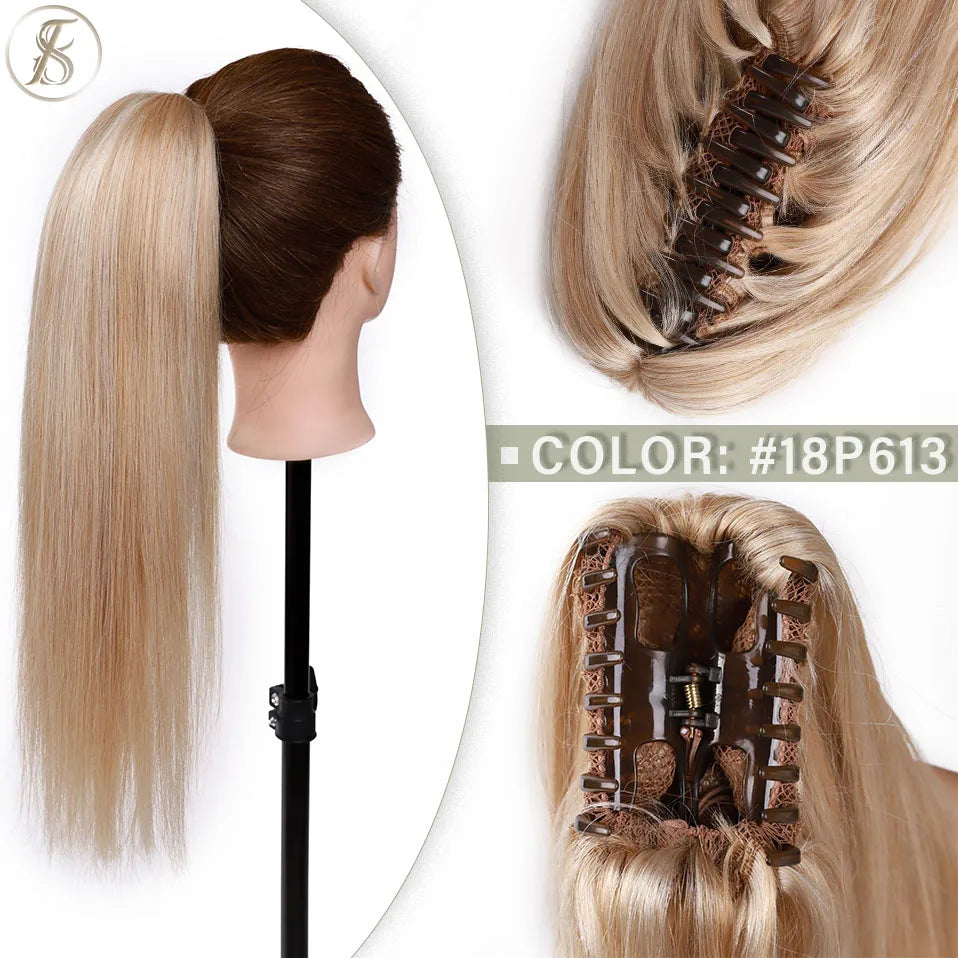 TESS Brazilian human hair claw clip-in ponytail extension, 14–22 inches, natural black and blonde hues