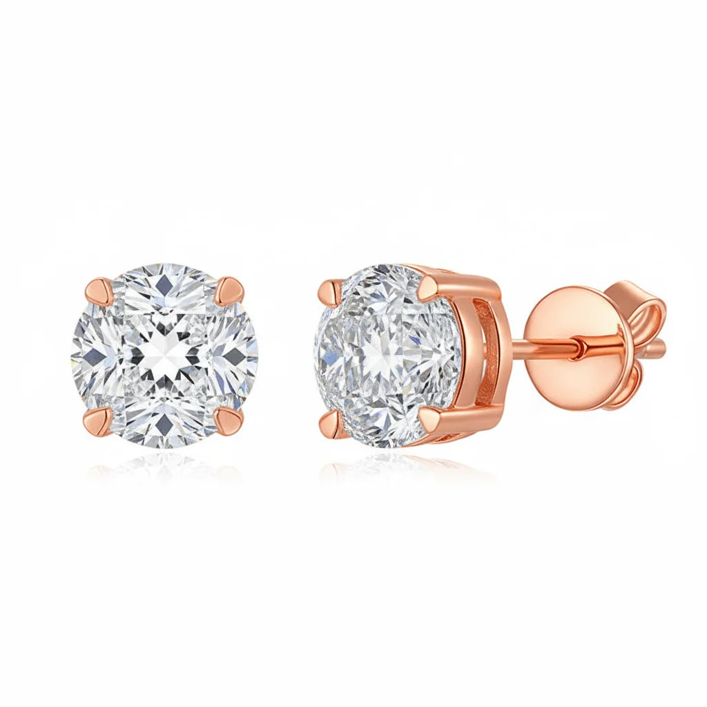 Moissanite stud earrings in rhodium-plated S925 silver, 8mm round design by HSF Marketplace