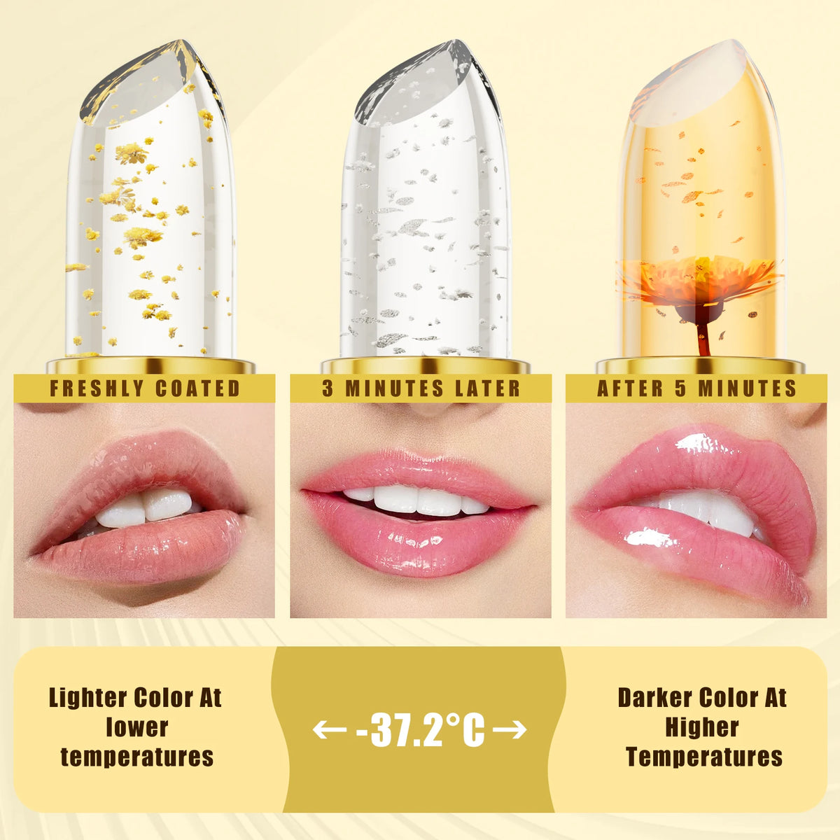Color-changing flower lipstick by HSF Marketplace, transparent waterproof crystal jelly lip balm with pearlescent finish and moisturizing formula.