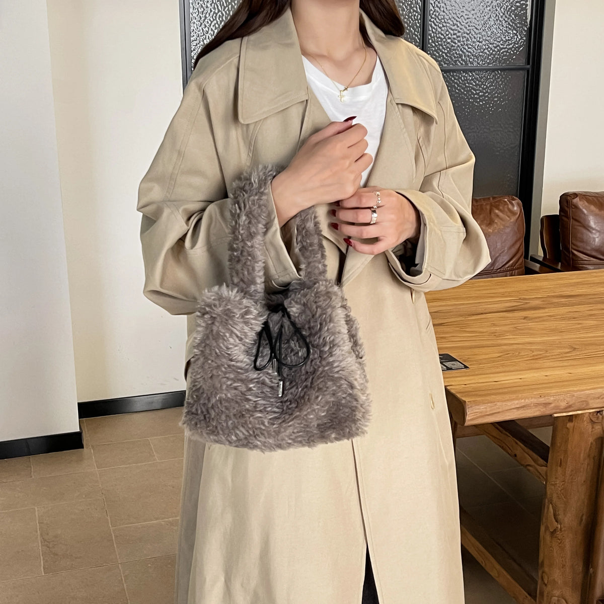 Leftside 2026 winter faux fur small tote bag with curly fluffy fur, drawstring top handle, shoulder bag for women.