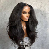 HSF Marketplace 40-42 inch kinky straight lace front human hair wig with baby hair, HD lace frontal, glueless Yaki style.