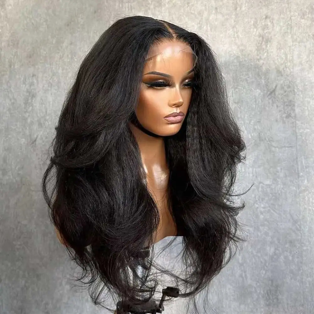 HSF Marketplace 40-42 inch kinky straight lace front human hair wig with baby hair, HD lace frontal, glueless Yaki style.