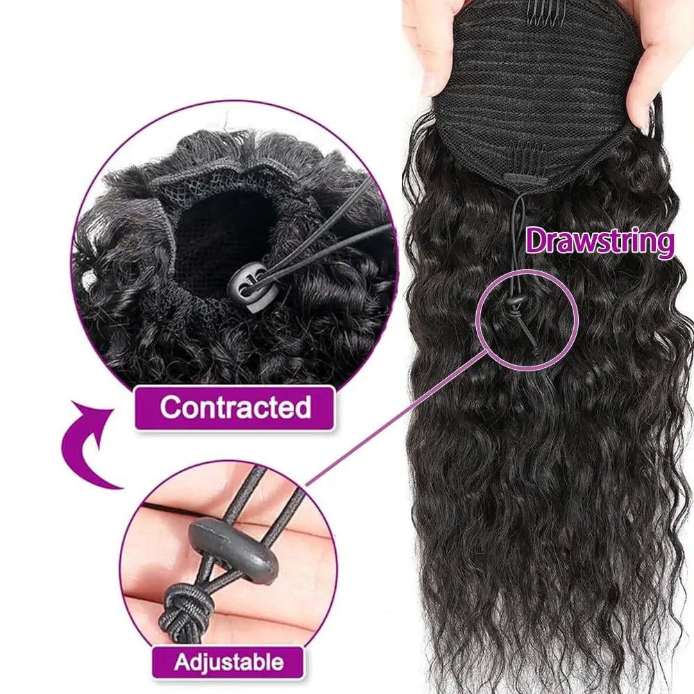 Curly deep wave drawstring ponytail extensions with clip-in thick human hair for Black women, natural look