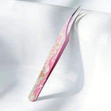 High precision stainless steel eyelash extension tweezers by Sticker Therapy, angled tip design