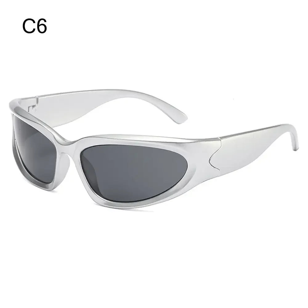 Y2K rimless punk sunglasses by HSF Marketplace, wrap-around sports goggle style for women and men, luxury brand eyewear.