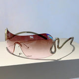 Y2K rimless sunglasses for women with snake ray design, metal legs, gradient lenses, wrap-around style, luxury punk eyewear.