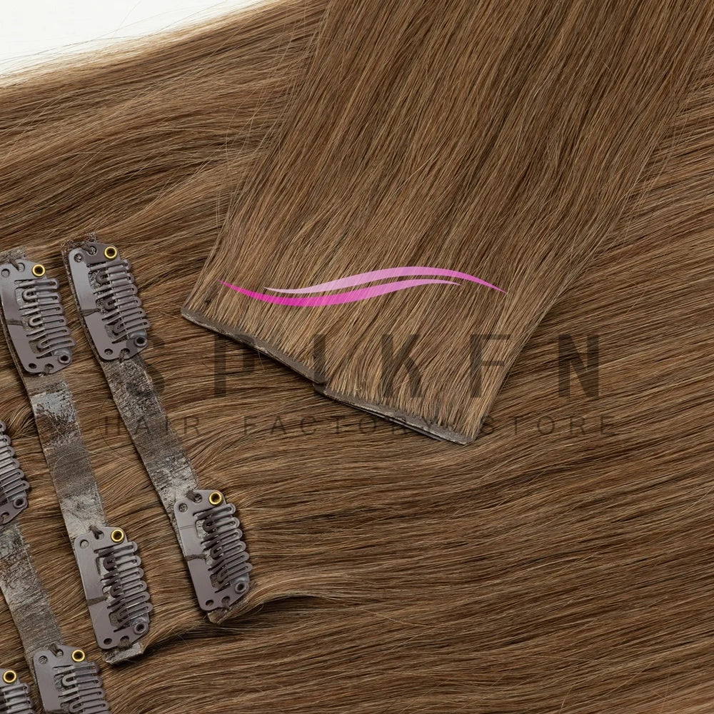 Invisible PU clip-in human hair extensions, chocolate brown straight Remy hair, 7-piece set, 100-120g