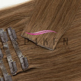 Invisible PU clip-in human hair extensions, chocolate brown straight Remy hair, 7-piece set, 100-120g