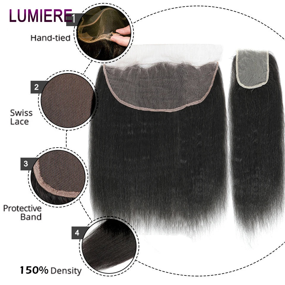 Kinky Yaki Straight Human Hair Bundles With Closure Frontal HD Transparent Brazilian Deep Curly Hair Bundles Deal Hair Extension