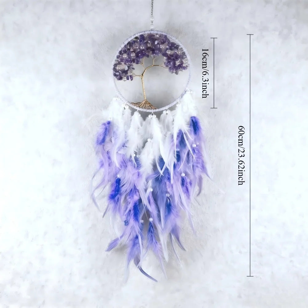 1 Pc Crystal Tree of Life Dreamcatcher, Purple Amethyst & Blue White Feather Wall Hanging, Bohemian Home Decoration for Wedding