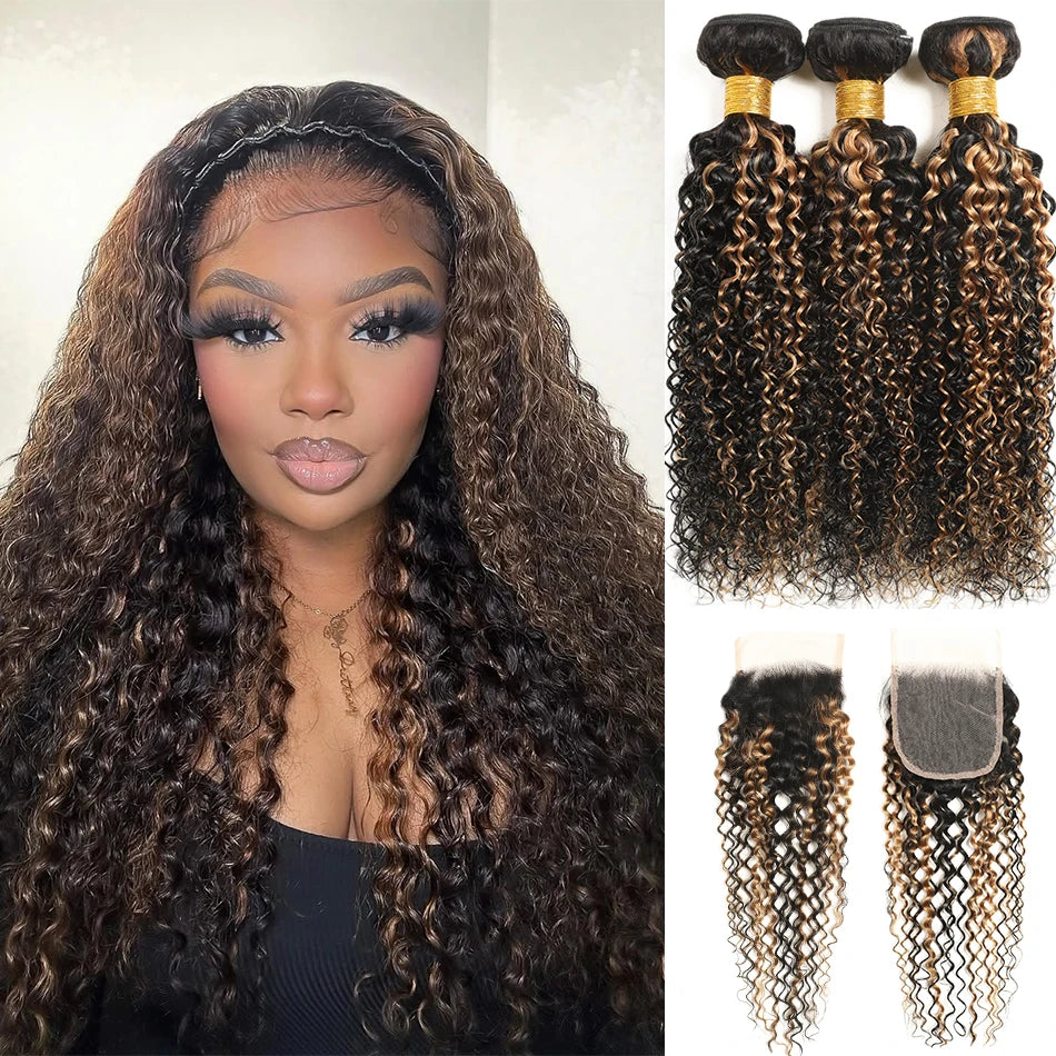 12A Highlight Ombre Curly Bundles Human Hair With Closure Ombre Blond Brown Vietnamese Kinky Curly Virgin Hair With 4x4 Closure