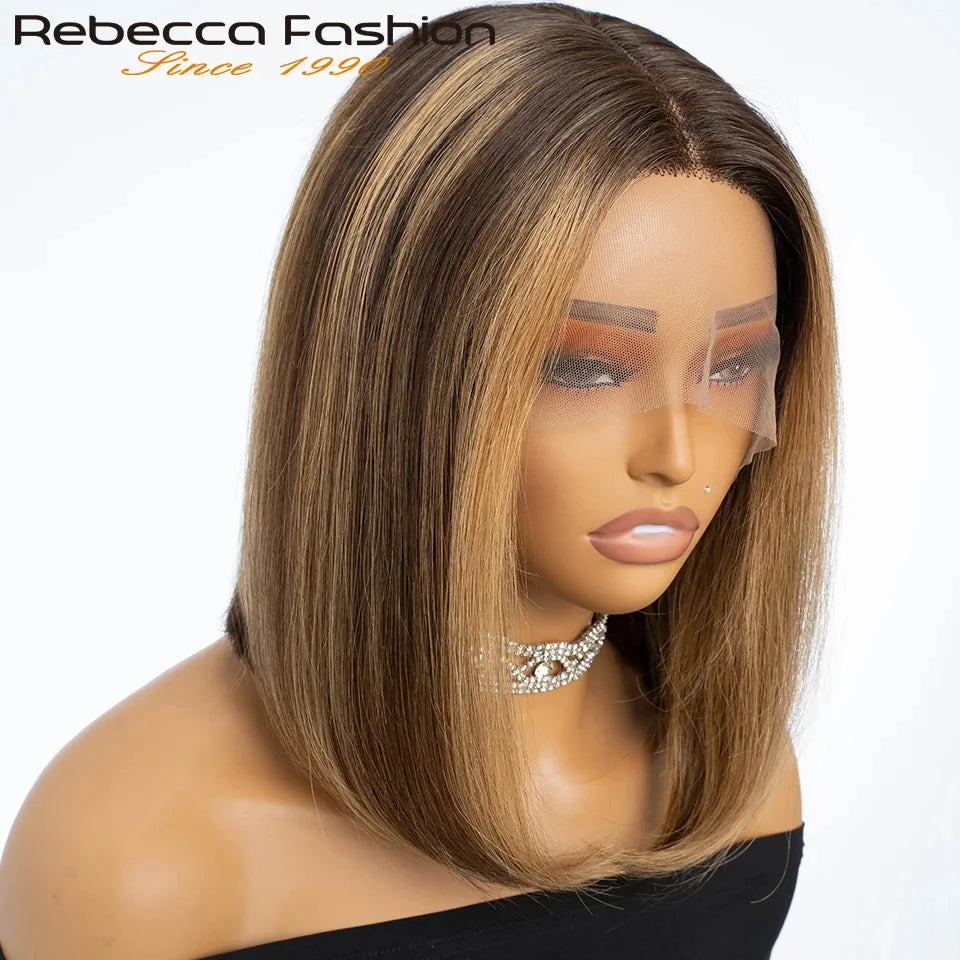 Rebecca black bob wig by HSF Marketplace, showing natural straight Peruvian human hair with reddish brown color and lace front detail.