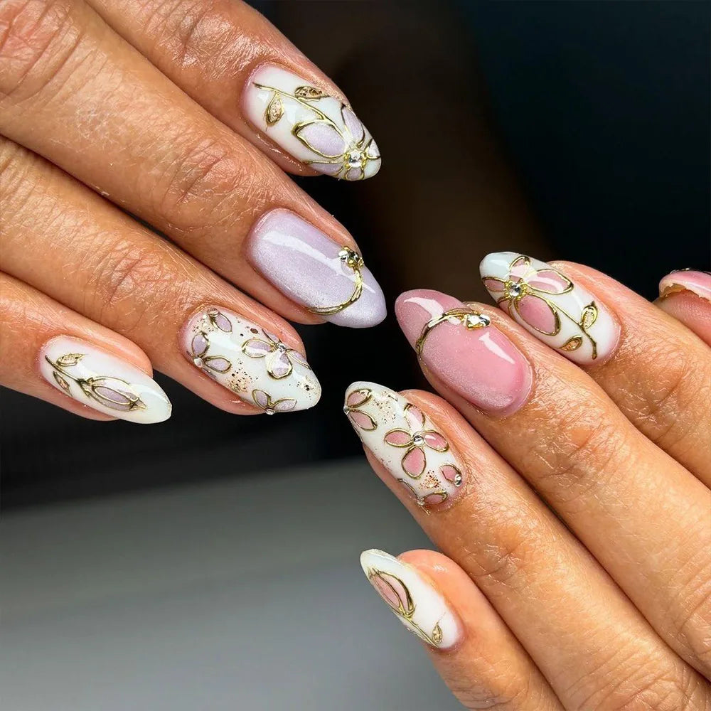 24-piece Y2K star press-on false nails with blue gradient French tips and gold moon designs, almond shape