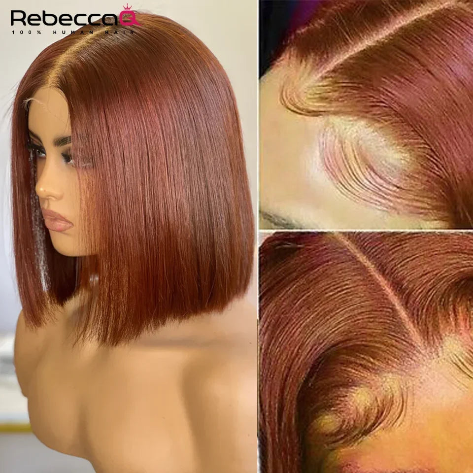 Ginger brown lace front human hair wig with short bob cut, 13x6 inch lace, glueless Brazilian Remy hair, styled with reddish brown color.