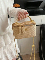Minimalist woven straw lunch box bag with chain strap by HSF Marketplace
