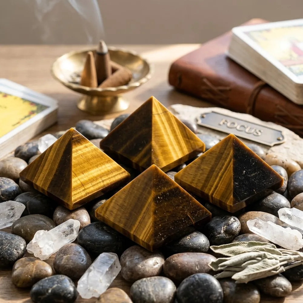 Natural Golden Tiger Eye Jasper Pyramid Crystal, Spiritual Healing Stone for Home Decor, Chakra Balancing & Reiki