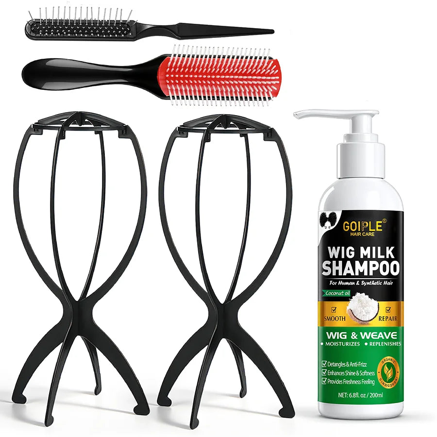 GOIPLE Wig Stand with Wig Shampoo Set for Storage, Detangling Brush and Vent Brush Suitable for Daily Use and Travel