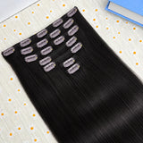 Dark chocolate brown Brazilian human hair clip-in extensions, straight Remy hair, 7-piece set for fuller ends
