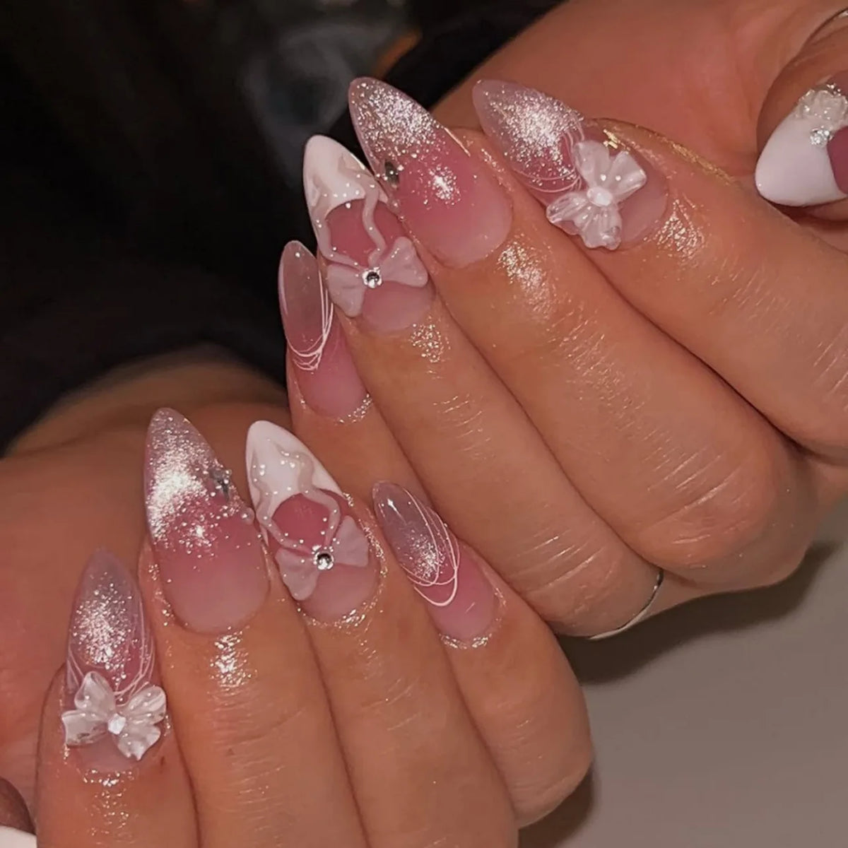 24pcs pink almond false nails with bowknots, love hearts, and pearl design by HSF Marketplace