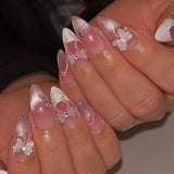 24pcs pink almond false nails with bowknots, love hearts, and pearl design by HSF Marketplace