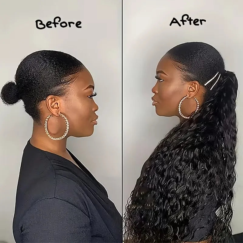 Women’s Clip-In Human Hair Ponytail Extensions 10A Grade Water & Corn Wave, 100% Unprocessed Brazilian Hair, Drawstring Closure