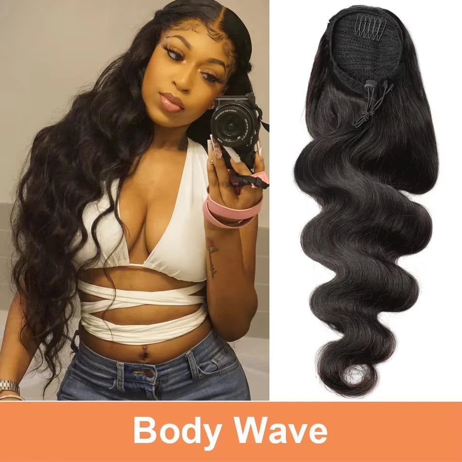 Water wave wrap-around drawstring ponytail human hair extension for women, HSF Marketplace long ponytail hairpiece