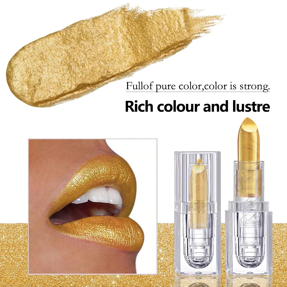 Gold metallic glitter lipstick in a transparent square tube, sparkling shiny lips makeup for Halloween cosplay and stage beauty.