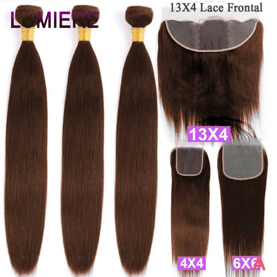 #4 Chocolate Brown Bone Straight Virgin Human Hair 3/4 Bundles with Closure Frontal HD Transparent Hair ExtensionTop Quality 18A