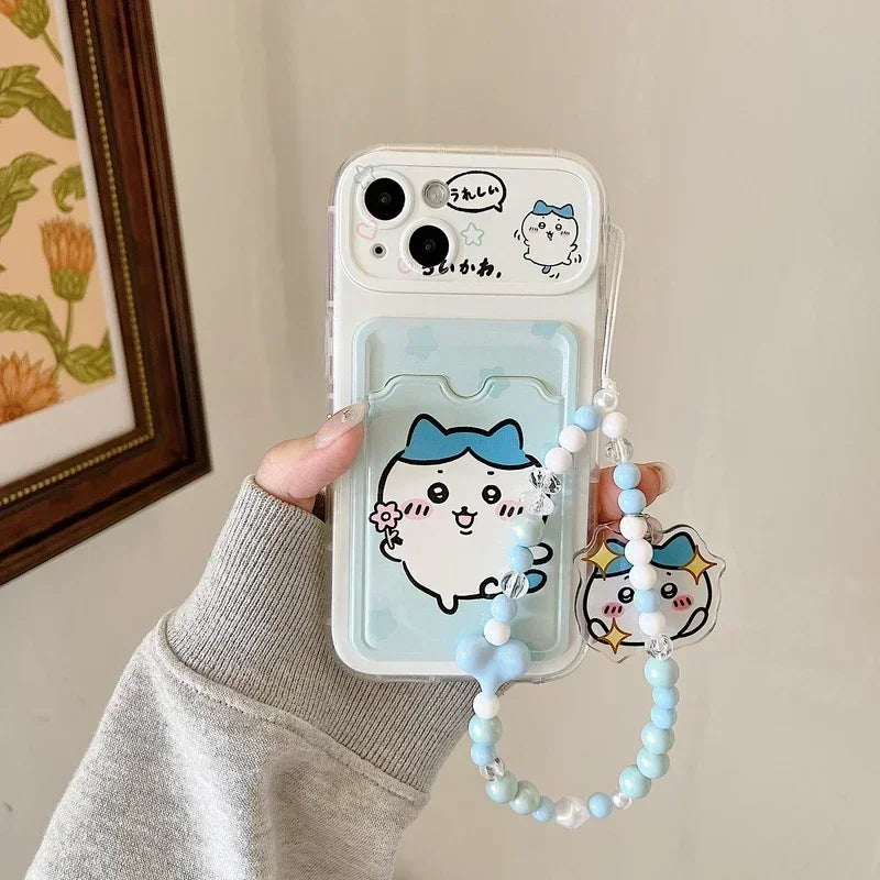 Cute cartoon anime Chiikawa card wallet case for iPhone 11–16, featuring character artwork and card slot