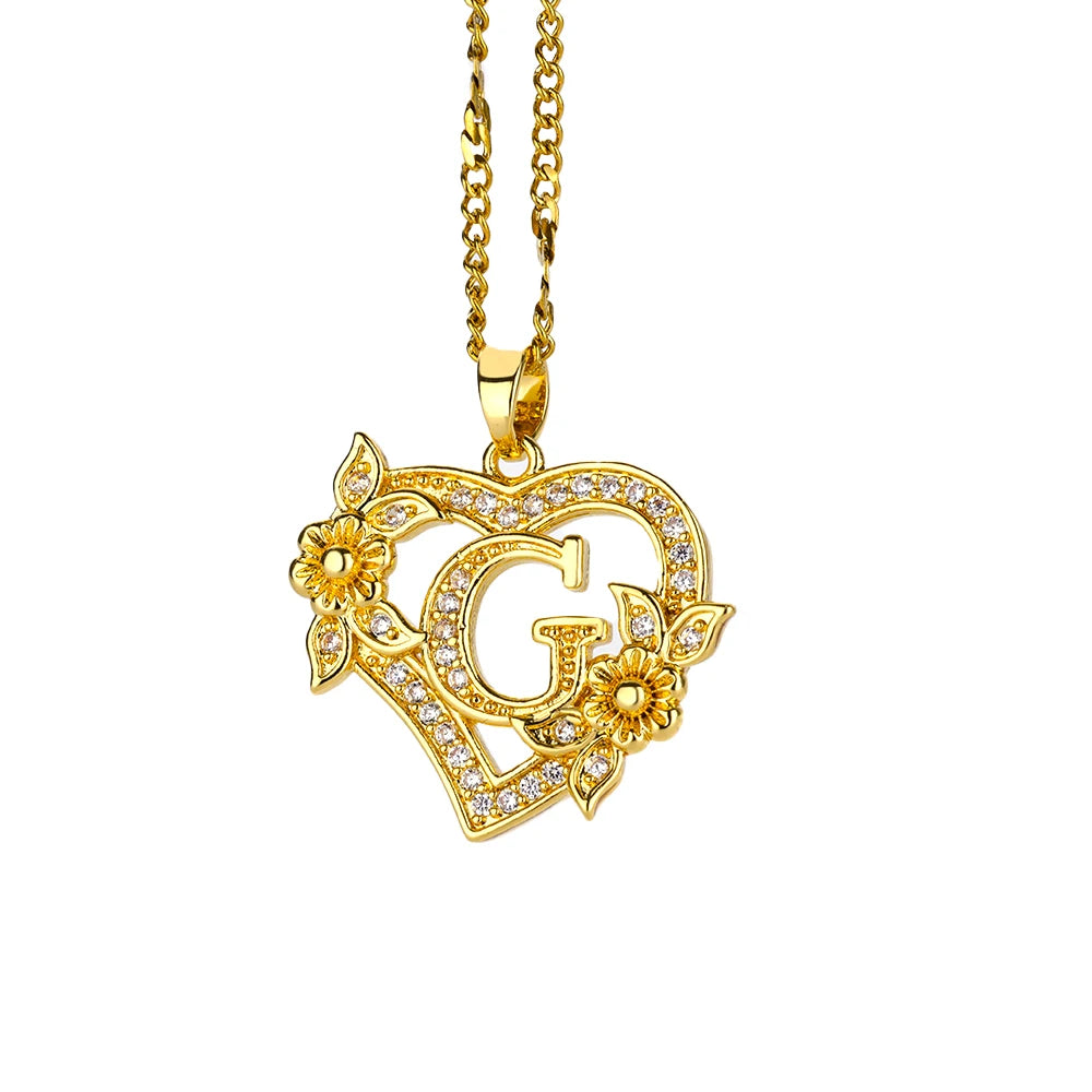 Gold heart initial letter necklace for women with stainless steel chain, featuring A-Z alphabet pendant, birthday jewelry gift