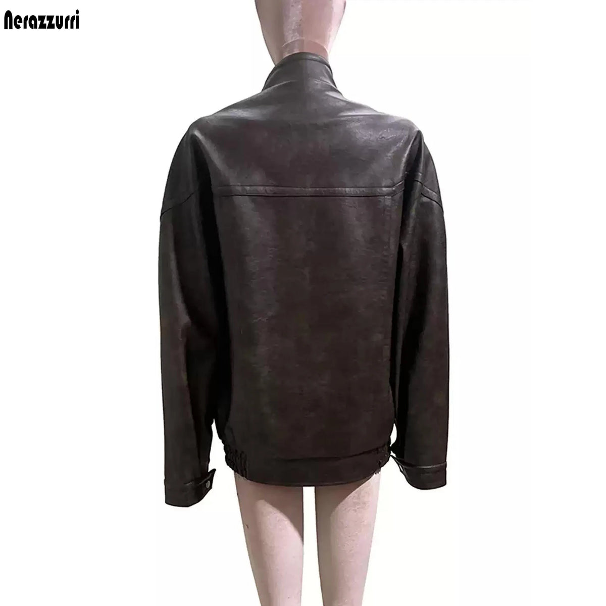 Women's distressed brown PU leather coat by HSF Marketplace, front view