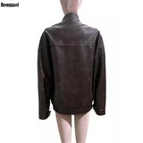 Women's distressed brown PU leather coat by HSF Marketplace, front view