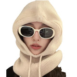Women's knitted hooded balaclava hat with drawstring, one-piece neck collar, Korean style winter beanie cap