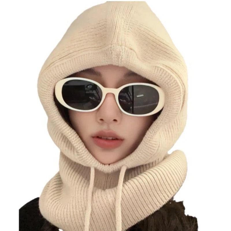 Women's knitted hooded balaclava hat with drawstring, one-piece neck collar, Korean style winter beanie cap