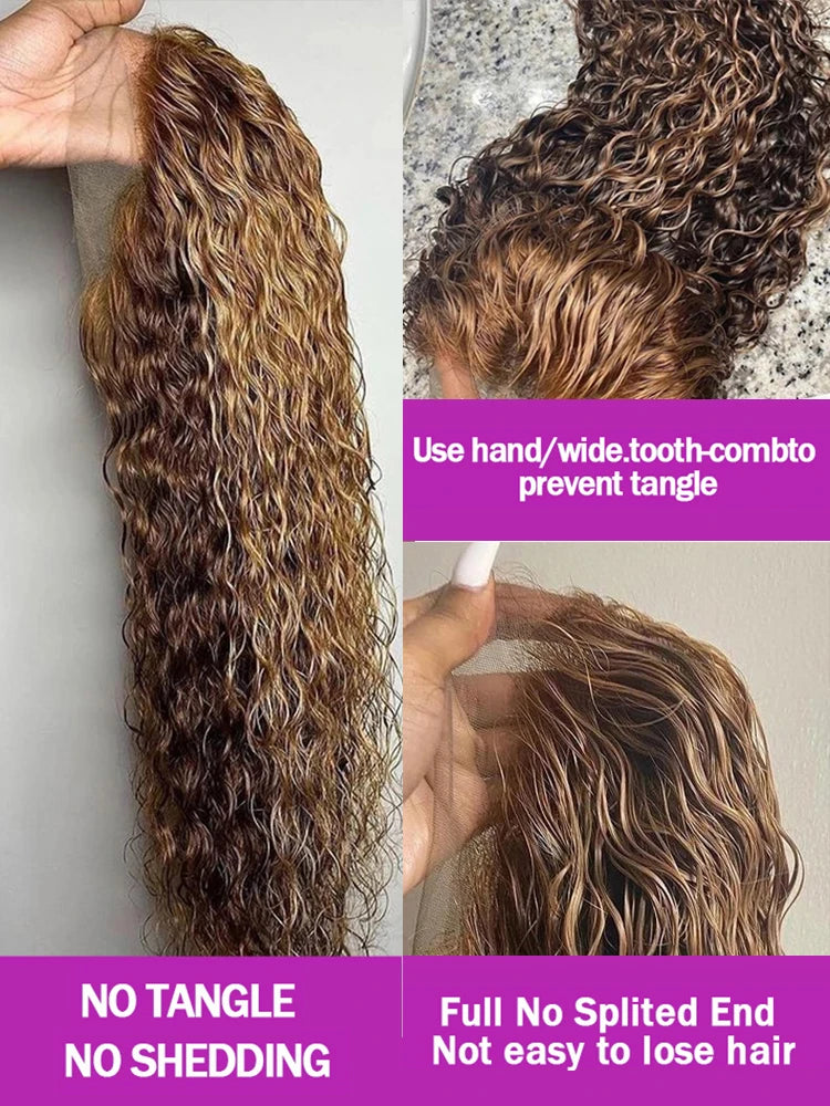 Highlight Brown Wig 13x4 HD Transparent Human Hair Deep Wave Frontal Wig Hd Lace Wigs 30 36 Inch Burmese Curly Wigs P4/27 Colored Water Wave 13x6 Full Lace Wig Wet and Wavy Lace Frontal Wigs Bleached Knot 250% Density ﻿