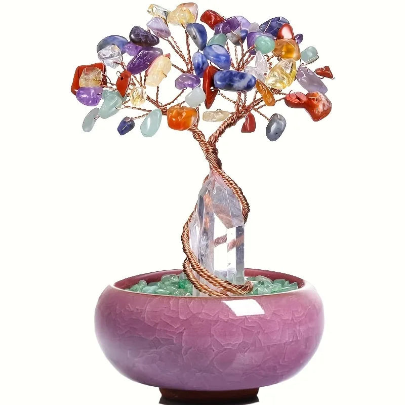 1pc Colorful Crystal Tree Decoration with Bohemian Style Flower Pot - Handmade Ceramic Base, Desktop, Housewarming Gift